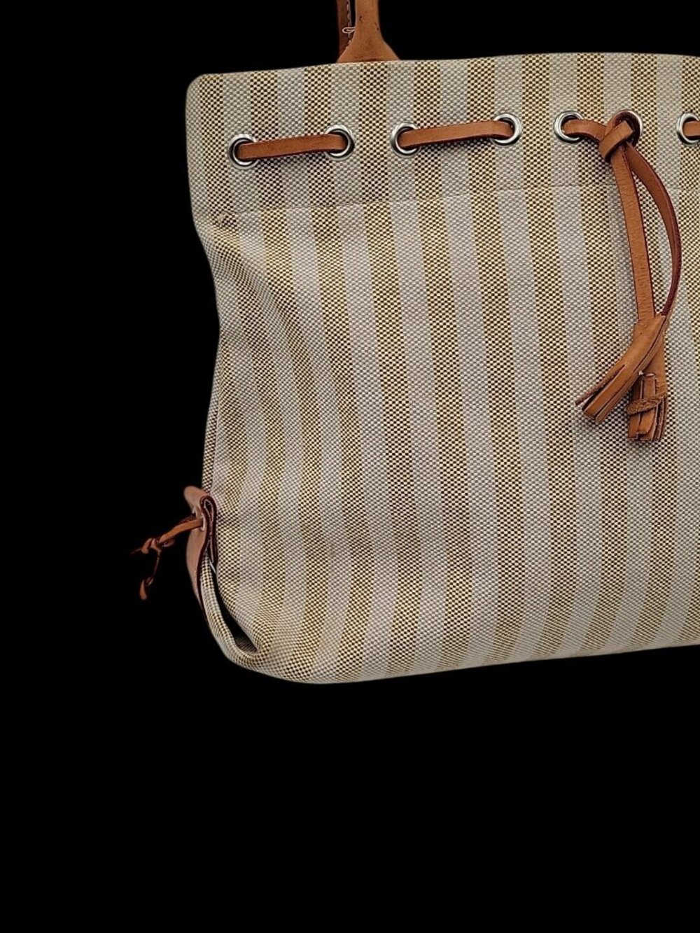 Vintage Dooney And Bourke Striped Tassel Tote Bag Leather Trip Beige & Creme - Picture 5 of 16